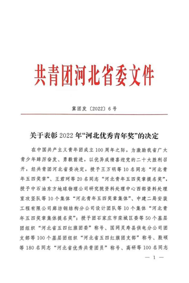 喜报 | BEAT365官网在2022年“河北优秀青年奖”评选中受到表彰